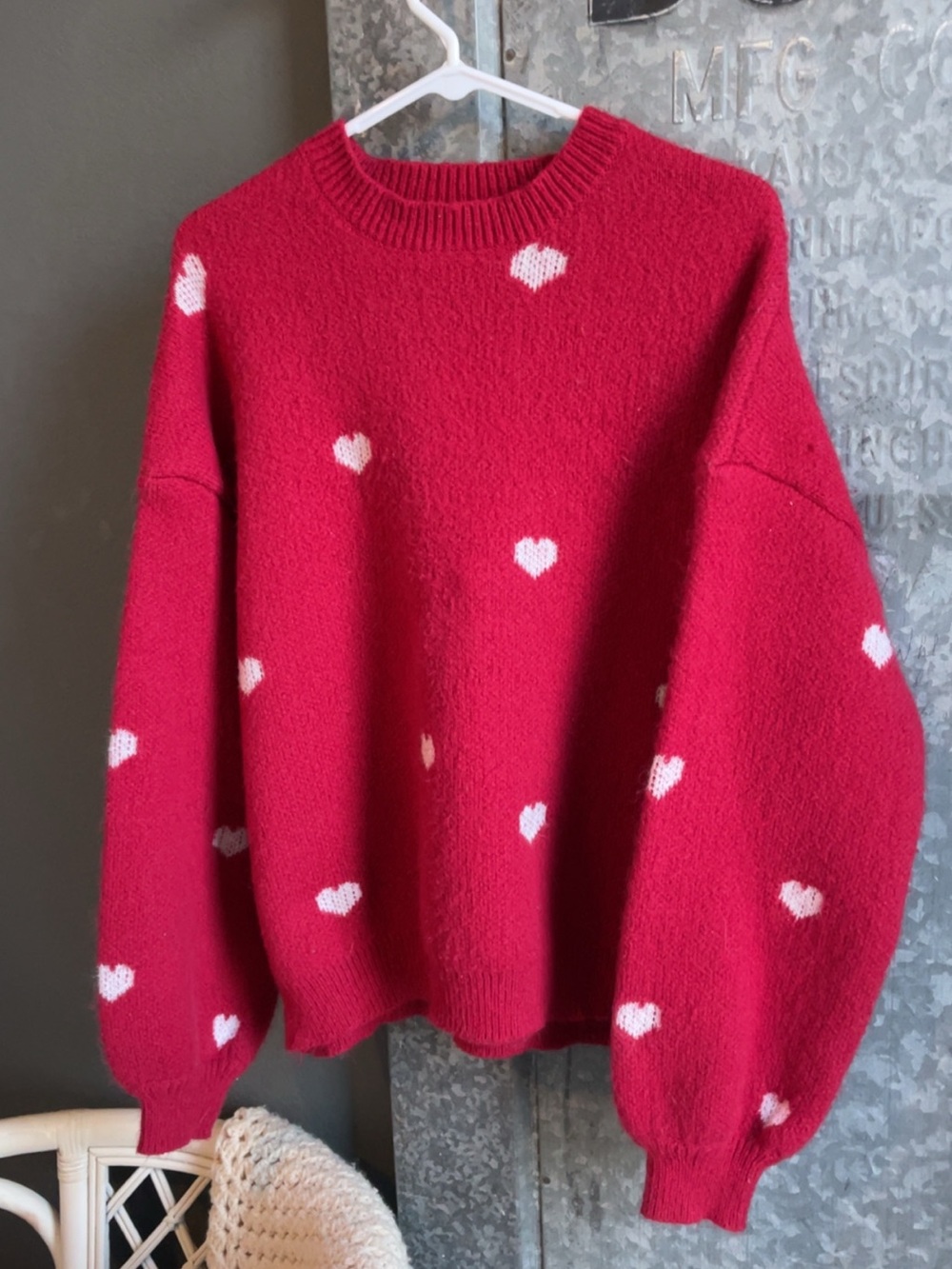 SHEIN Red Crewneck Sweater with White Heart Motif